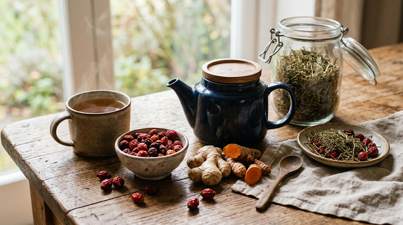 rustic table with herbal teas, wild rosehips, ginger, turmeric root, and dried horsetail, soft daylight, warm atmosphere