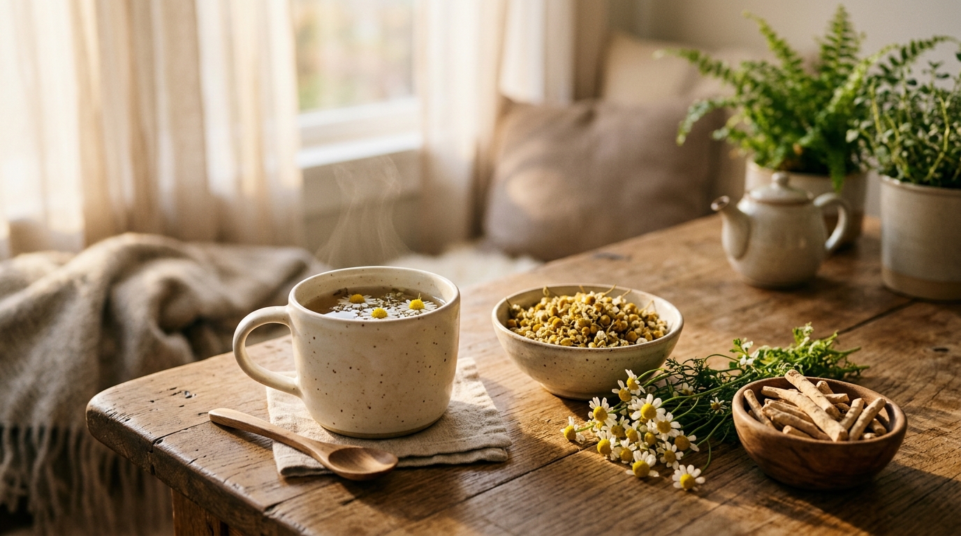 Cozy wooden table with a cup of herbal adaptogenic tea, dried chamomile, and ashwagandha root, warm morning light, soft focus