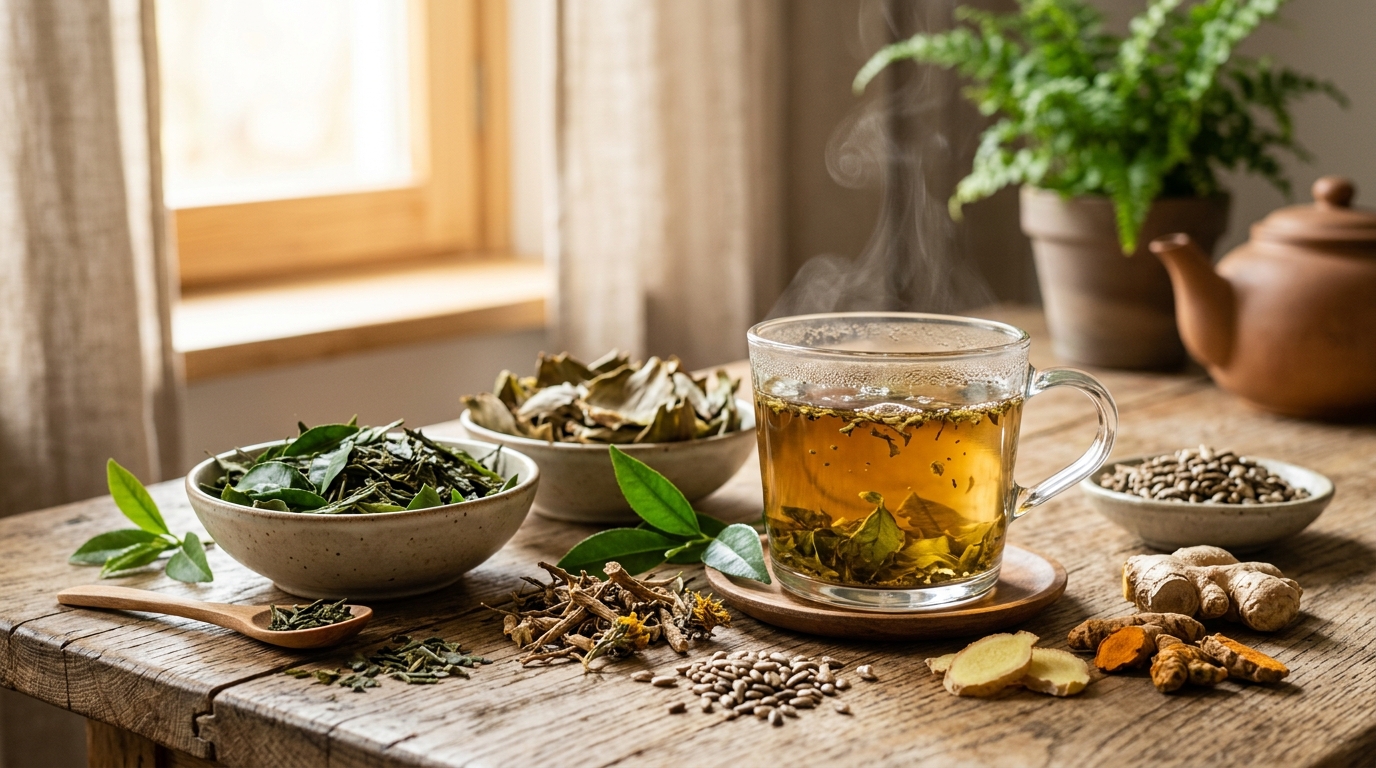 Still life of natural metabolic herbs, green tea leaves, artichoke extracts, and a glass of warm herbal infusion on a clean wooden table with soft morning light