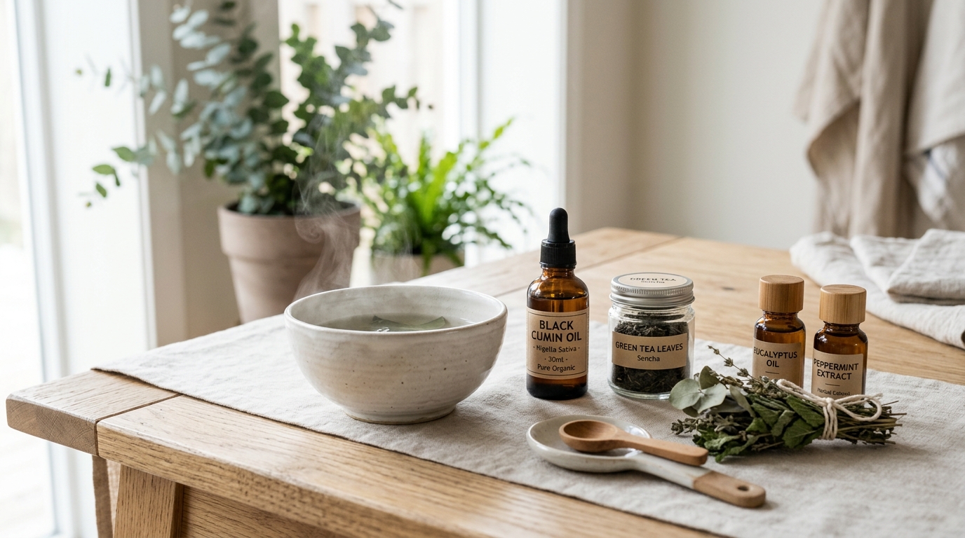 Natural apothecary table with herbal extracts, black cumin oil, green tea leaves, and a steaming bowl for sinus inhalation, clean minimalist aesthetic