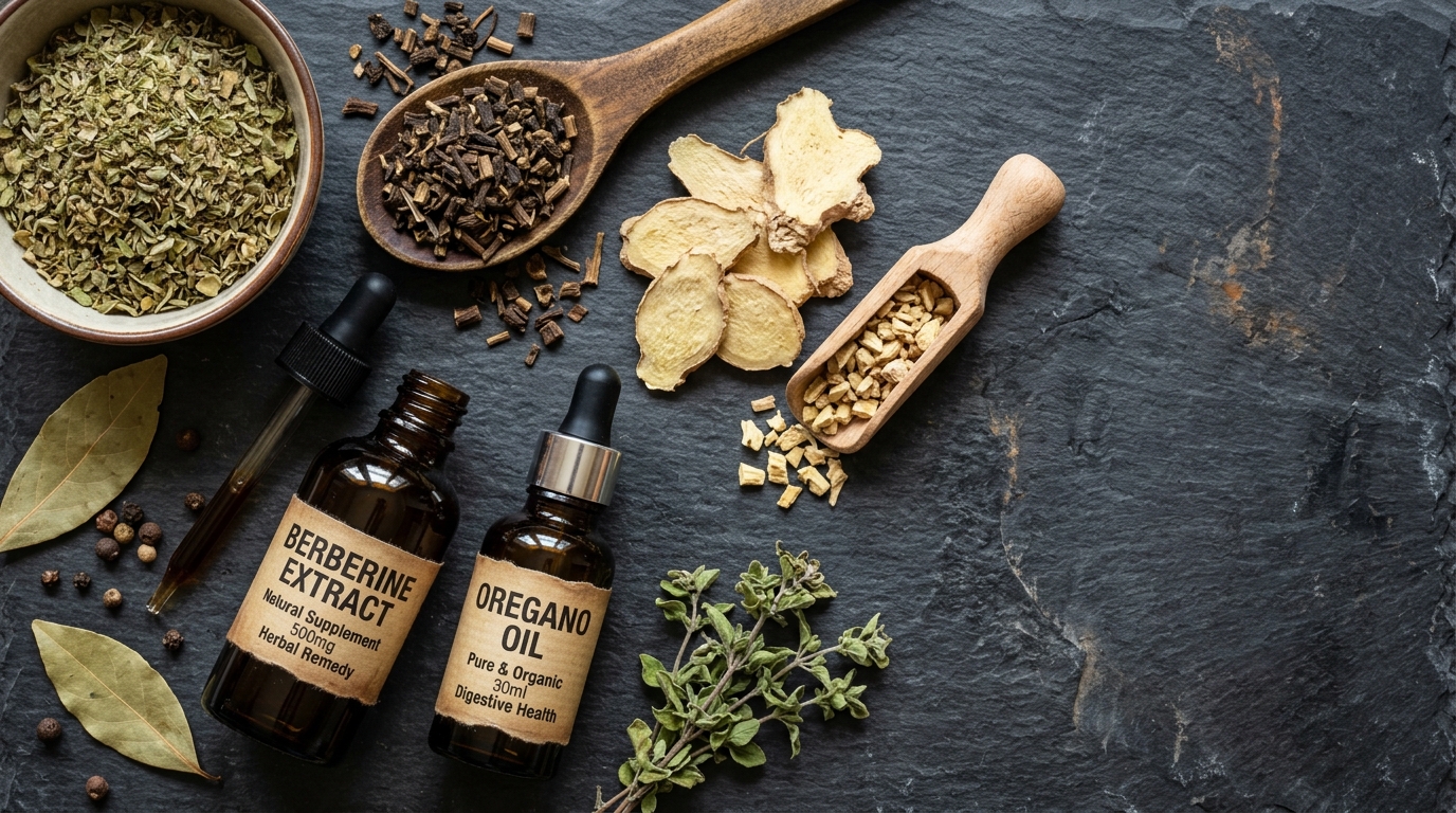 A selection of dry medicinal herbs such as oregano, dandelion root, ginger, and berberine extract bottles on a dark stone background