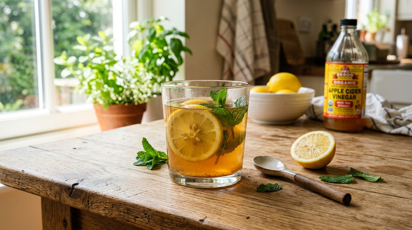 A glass of warm water with apple cider vinegar, fresh lemon slices, and mint on a clean rustic wooden table in a sunny kitchen