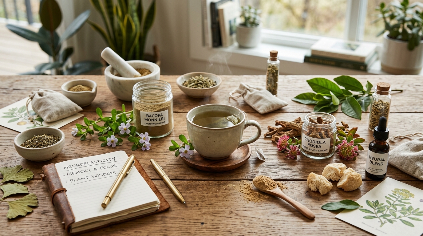 Natural adaptogens and herbal extracts like Bacopa Monnieri and Rhodiola Rosea arranged elegantly on a wooden table with a cup of green tea, representing brain biohacking and natural cognitive support
