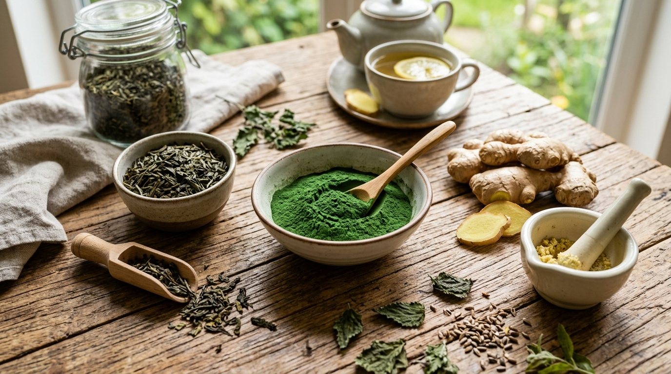 natural herbal detox herbs with green tea, chlorella and fresh ginger on wooden table