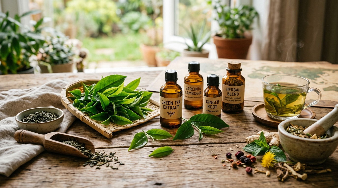 Natural herbal extracts and fresh green tea leaves on a wooden table, representing safe weight loss support