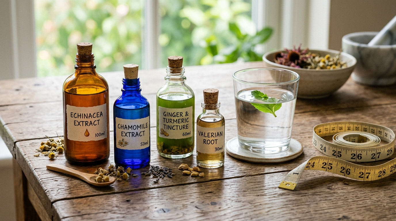 natural herbal extracts on a wooden table with a glass of water and measuring tape