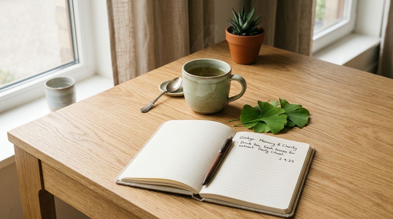 Clean minimalist wooden desk with a cup of green herbal tea, fresh green ginkgo leaves, and a notebook, warm natural light