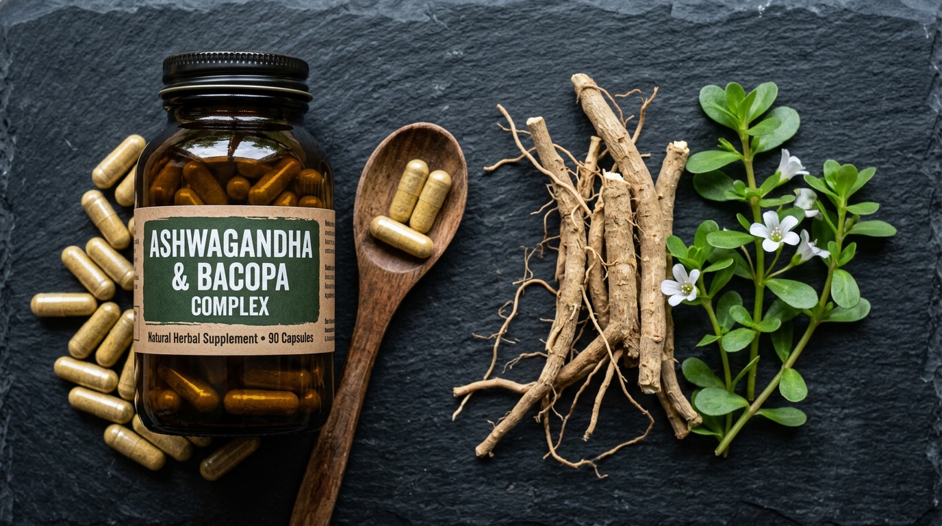 Dark green amber glass bottle with natural herbal capsules next to raw roots of ashwagandha and bacopa monnieri leaves on a slate background