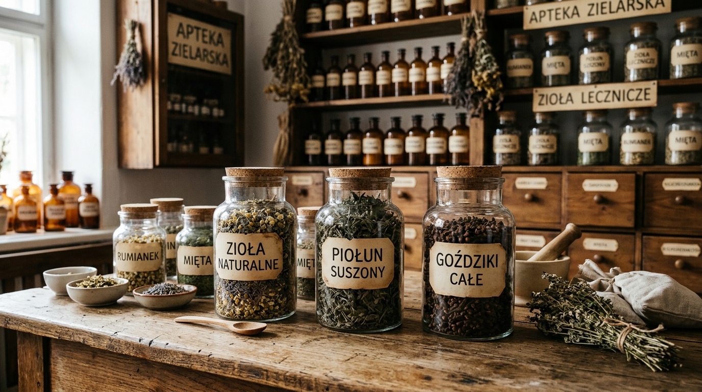 Słoiki z naturalnymi ziołami, suszonym piołunem i goździkami na drewnianym stole w tradycyjnej aptece zielarskiej