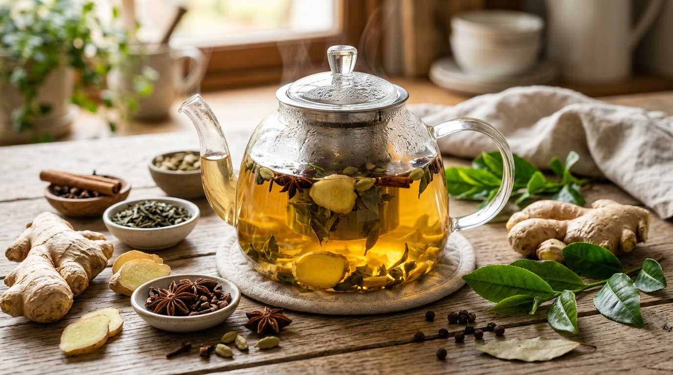 A glass teapot with herbal infusion surrounded by fresh ginger root, green tea leaves, and spices