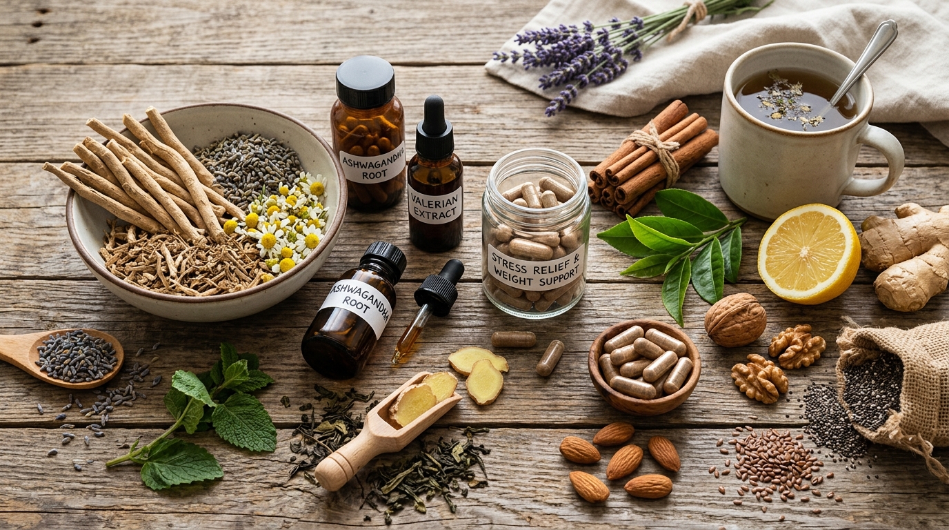 Natural herbs and dietary supplements for healthy weight loss and stress relief on a rustic wooden background