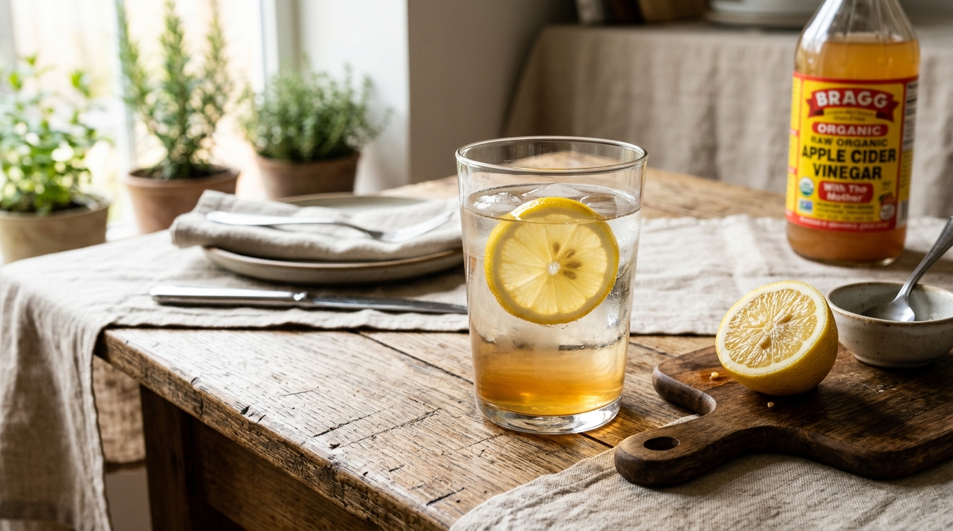 A glass of clean water with fresh apple cider vinegar and a lemon slice on a wooden table, representing natural glucose regulation pre-meal
