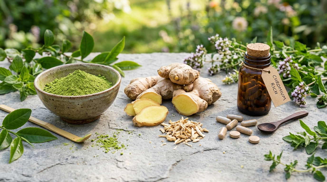 Natural herbal extracts like green tea powder, ginger root, and chromium rich supplements arranged on a clean stone surface representing botanical metabolic support