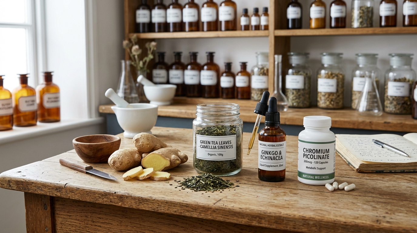 Natural herbal extracts, green tea leaves, ginger root, and chromium supplements on a wooden table in an apothecary setting, clean and scientific look
