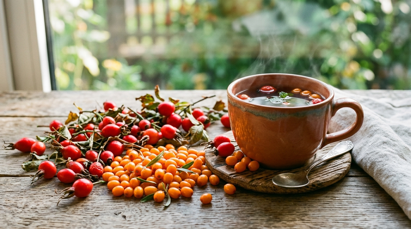 Fresh, bright orange sea buckthorn berries and red wild rose hips lying next to a warm cup of herbal tea, symbolizing pure, natural vitamin C and immune support