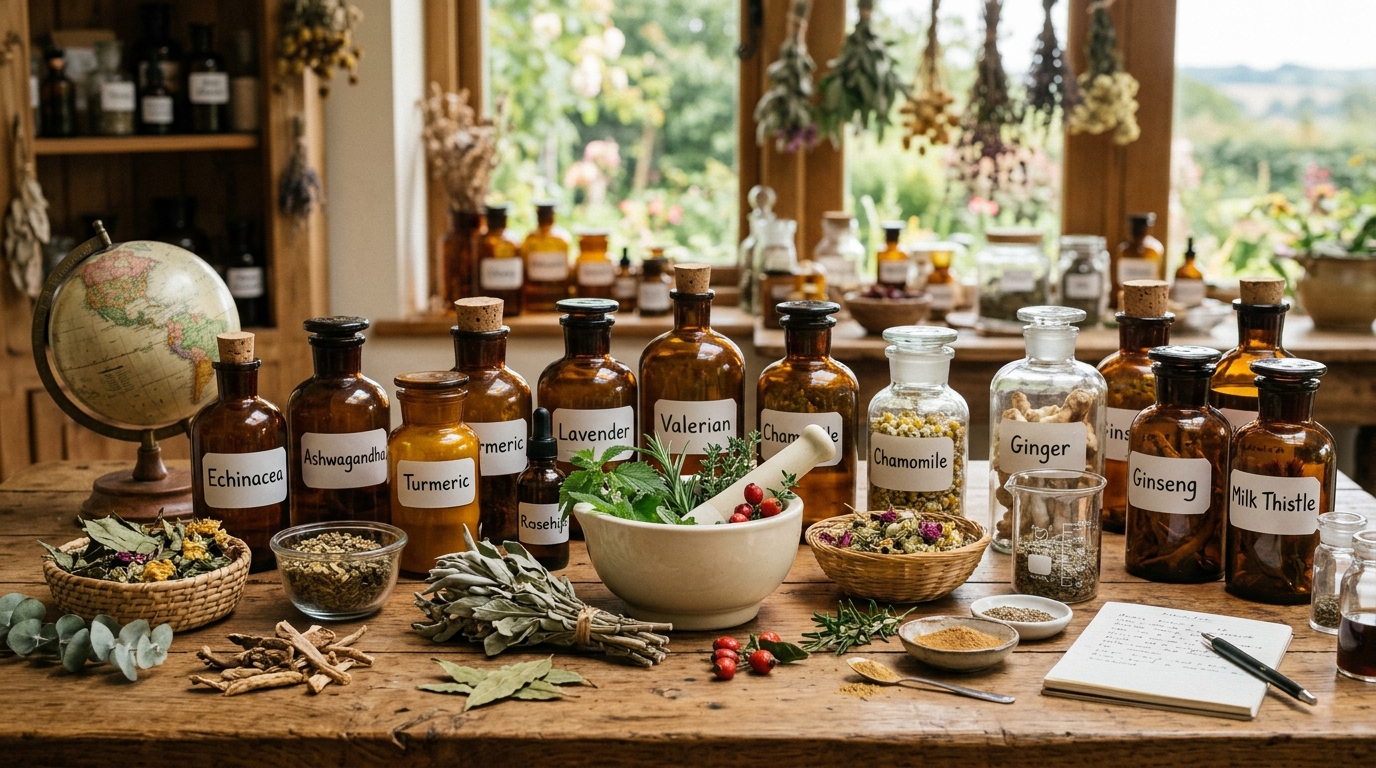 natural herbal extracts on wooden table representing a safe natural pharmacy approach