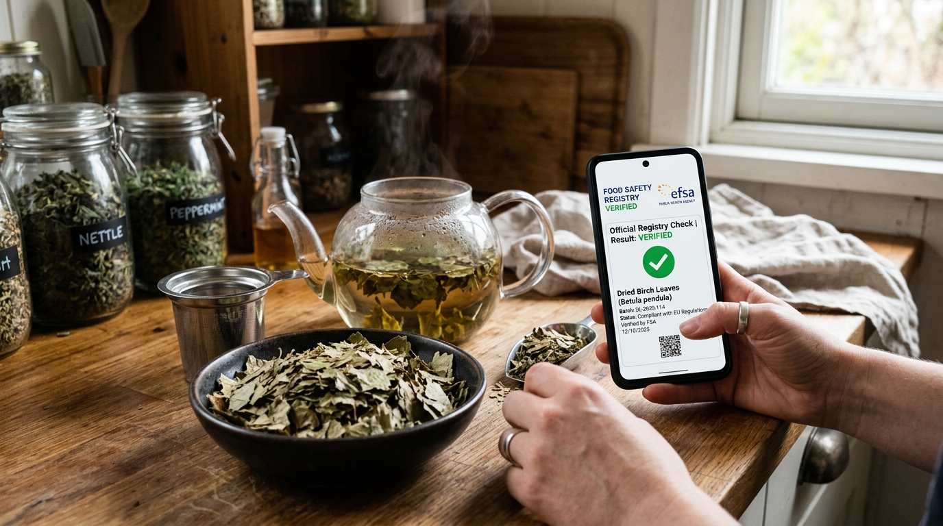 Herbal preparation scene with dry birch leaves and a smart device displaying official food safety registry verification