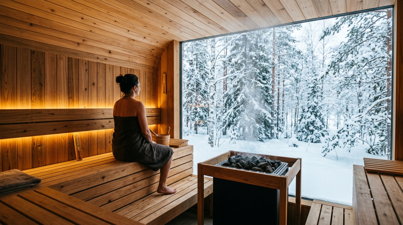 a modern sauna made of natural cedar wood, soft warm ambient light, steam rising gracefully from hot volcanic stones, with a view of a tranquil winter forest through a panoramic window