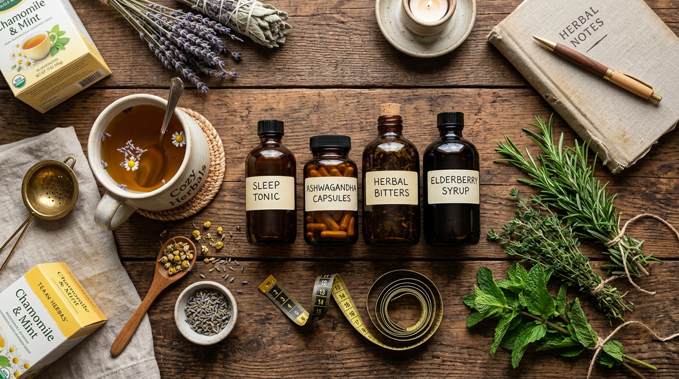A cozy rustic desk with herbal teas, fresh green herbs, measuring tape, and natural supplements in amber glass bottles, flat lay view
