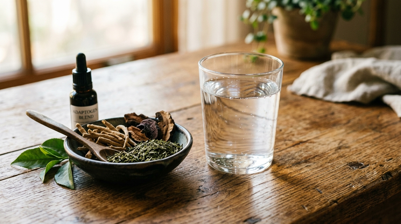Close-up of herbal adaptogens, green tea extract, and a glass of pure water on a rustic wooden table with morning sunlight