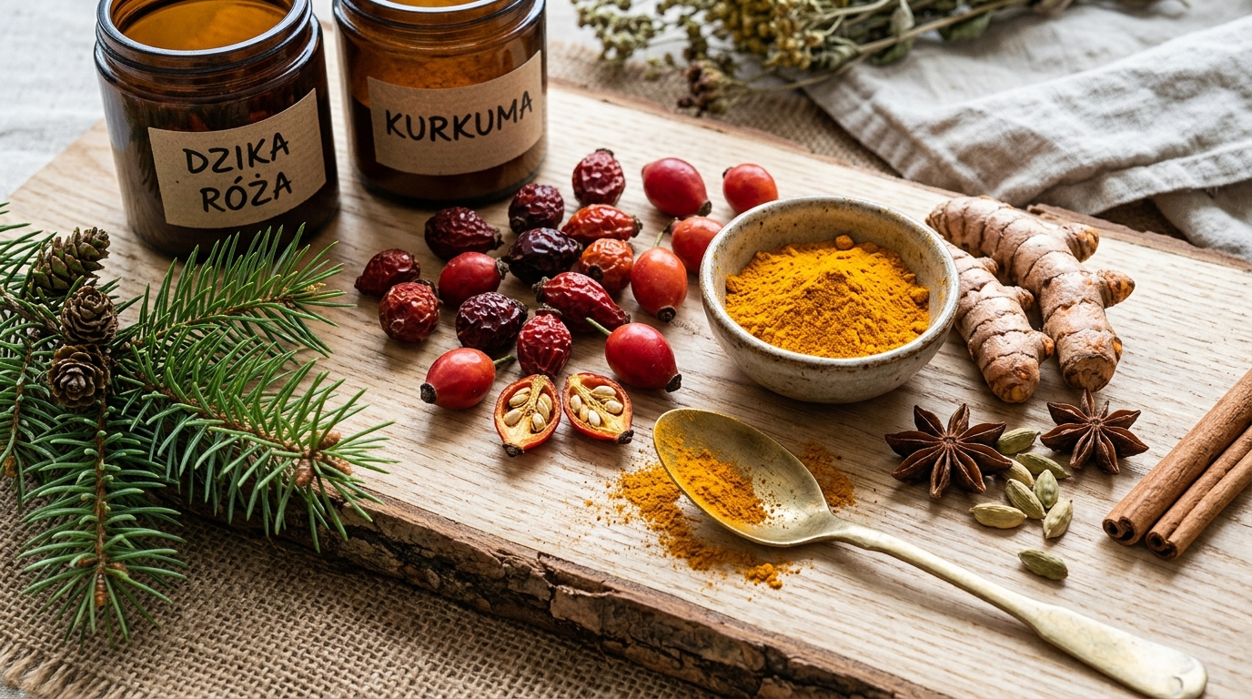 Skladniki naturalne wspierajace stawy i kosci z dzika roza i kurkuma