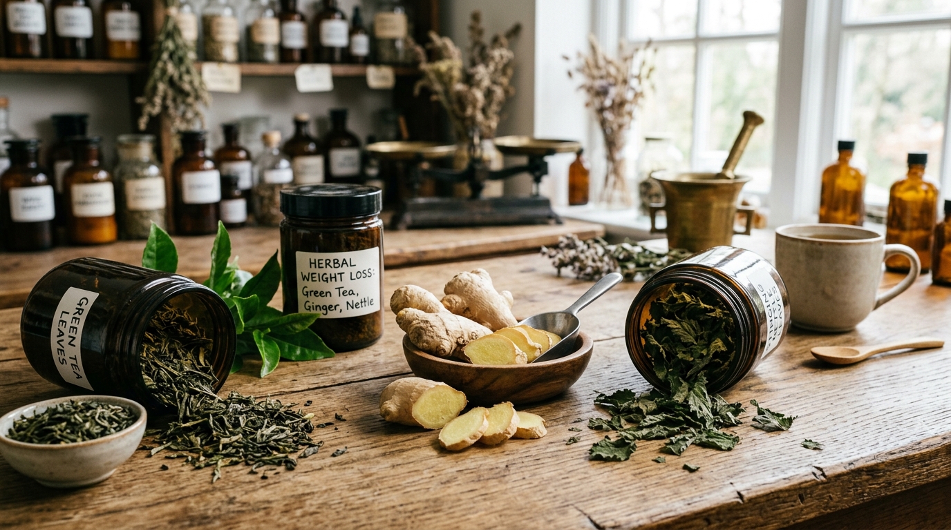 Natural safe herbal weight loss ingredients on a wooden table, including green tea, ginger, and nettle leaves, in a professional apothecary setting