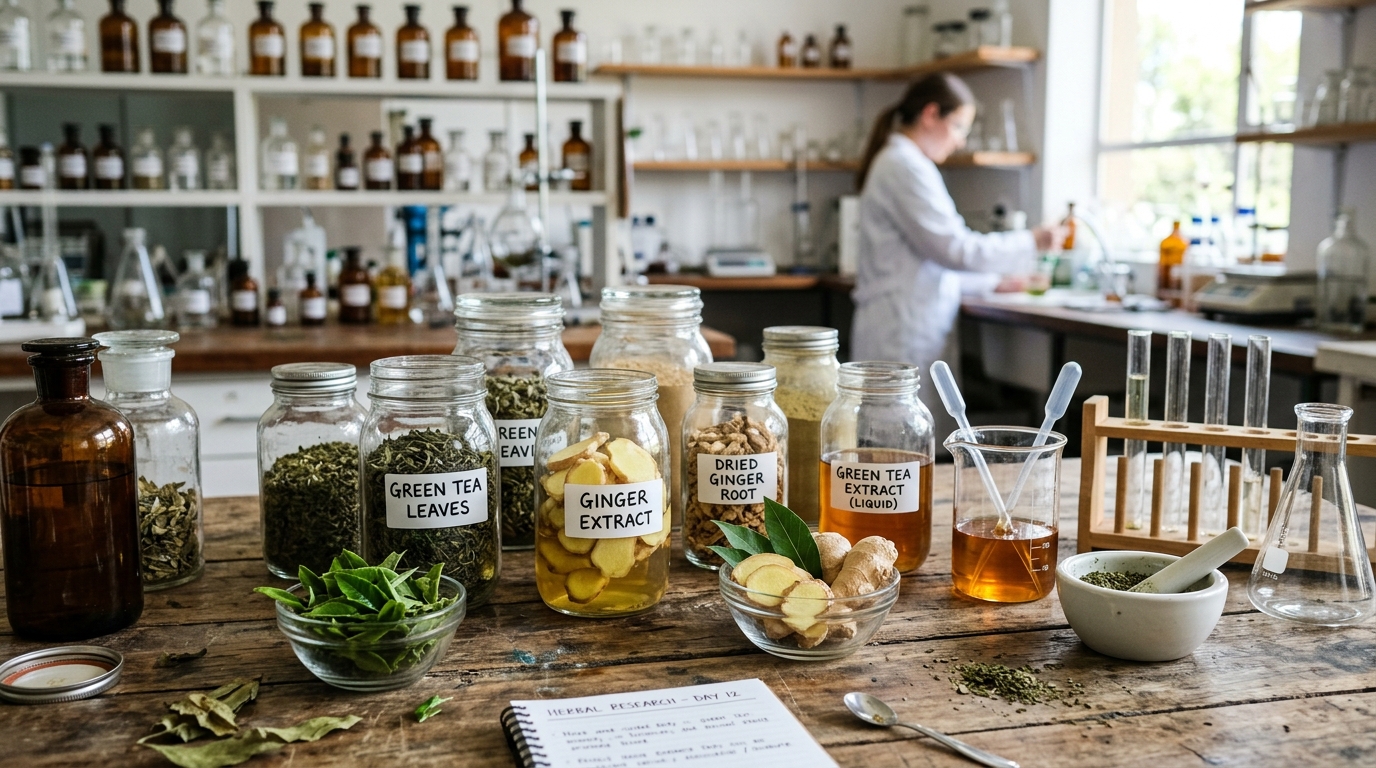 natural herbal extracts green tea ginger and glass jars on wooden desk in laboratory