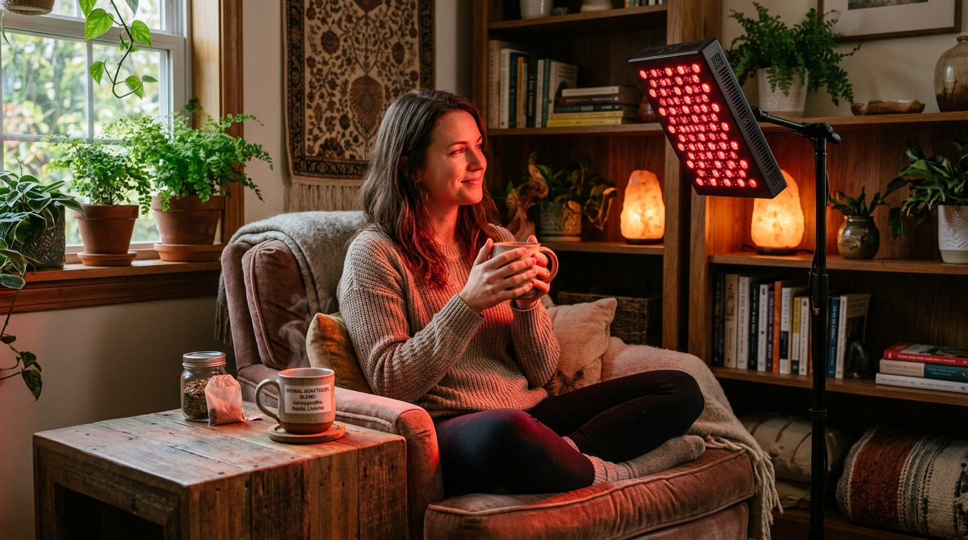organic herbal tea with adaptation roots and red light biohacking lamp in a cozy room, healthy lifestyle concept