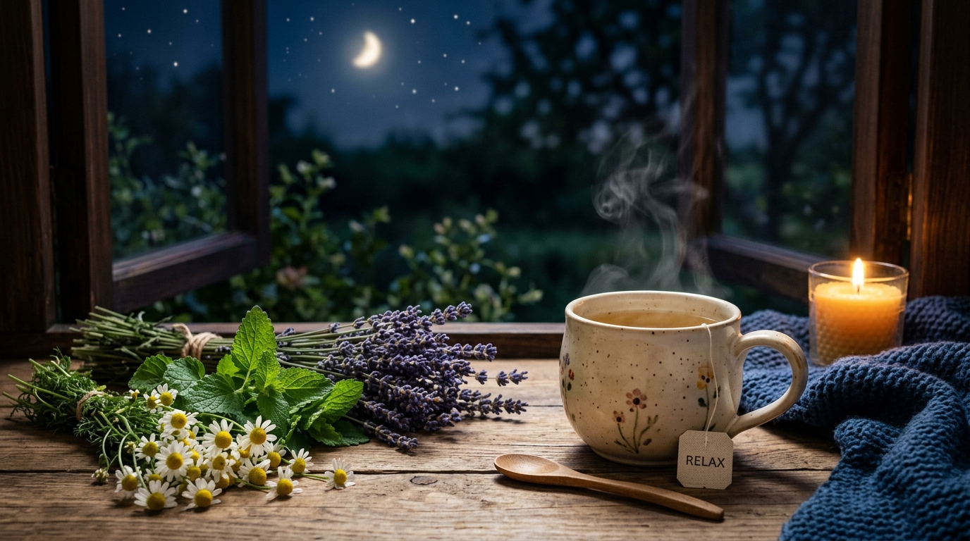 A calm and peaceful night scene showing natural herbs like chamomile, lemon balm, and lavender next to a warm cup of herbal tea, symbolizing deep sleep and relaxation