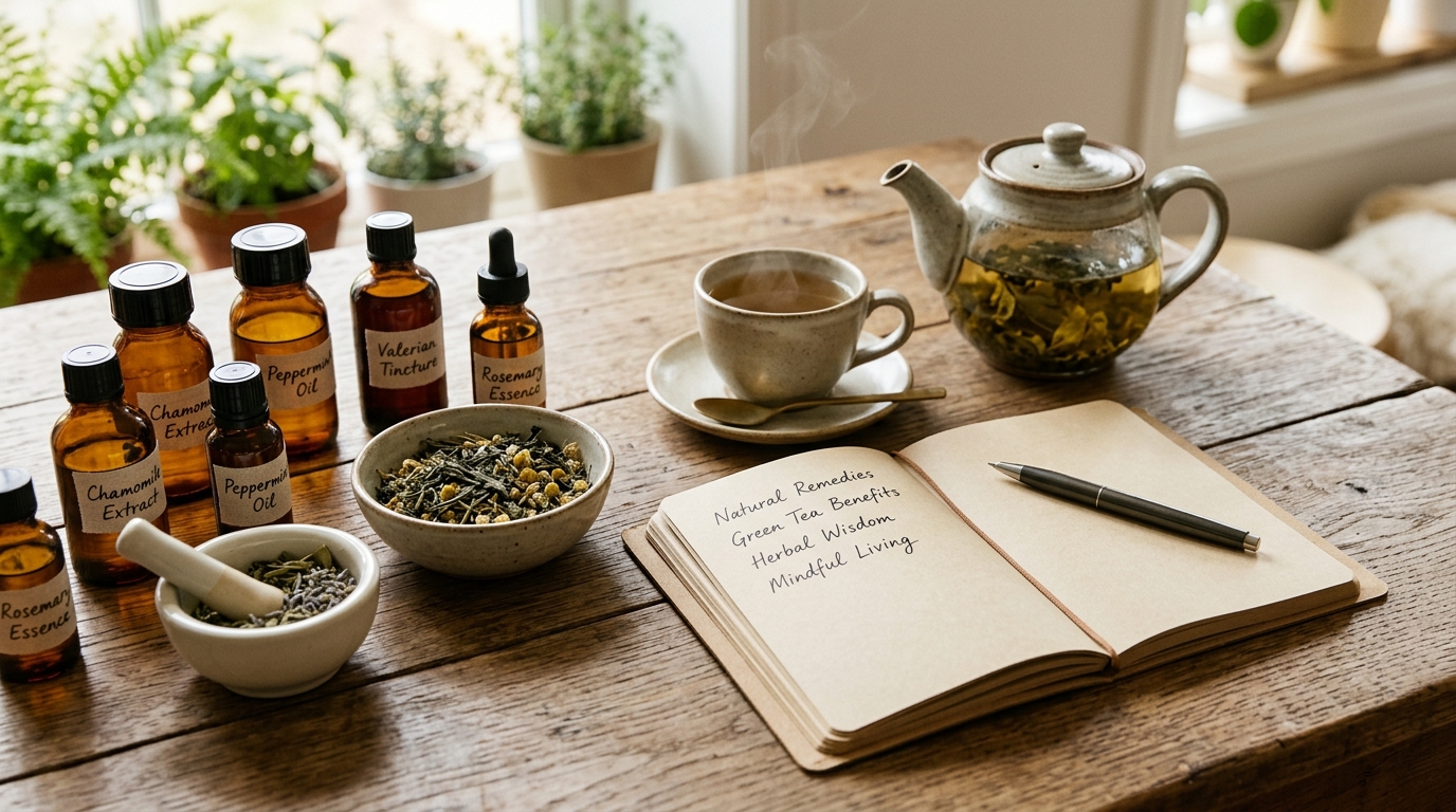 natural herbal extracts and healthy green tea on a clean wooden table with a notebook