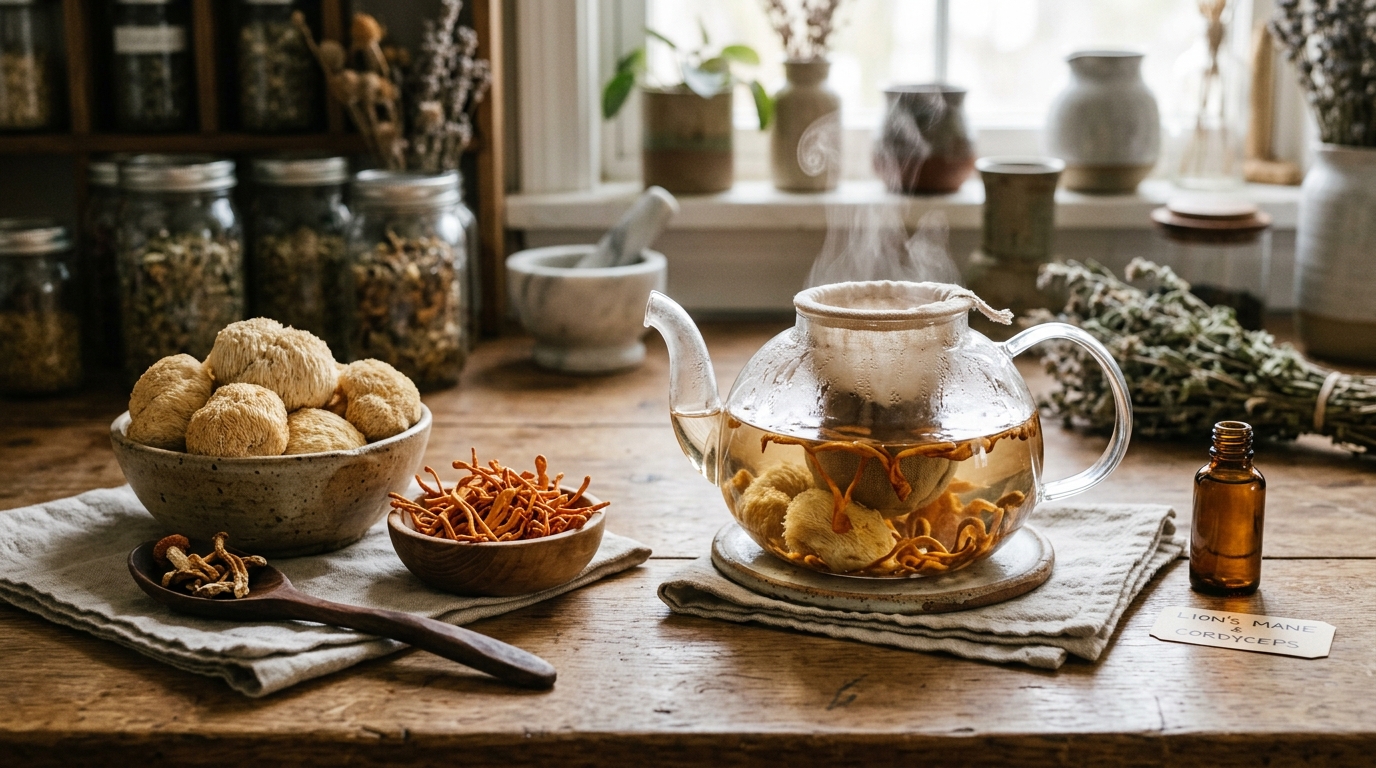A cozy rustic table with dried Lion's mane and Cordyceps mushrooms, a glass teapot with steaming hot water, and a wooden spoon, reflecting a natural apothecary theme