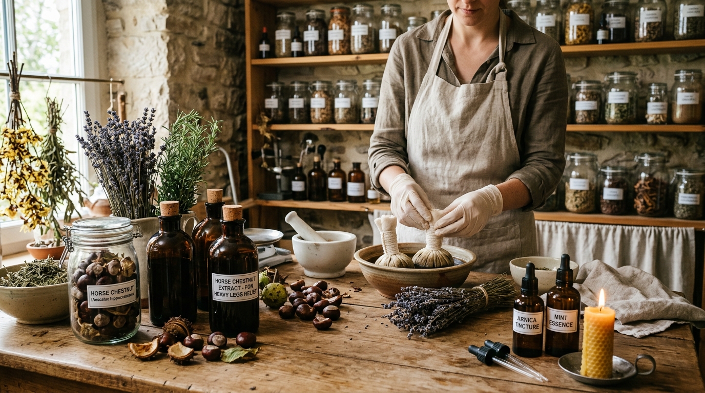 Natural herbal laboratory with dry herbs, horse chestnut extracts, glass bottles and herbal compresses for heavy legs relief