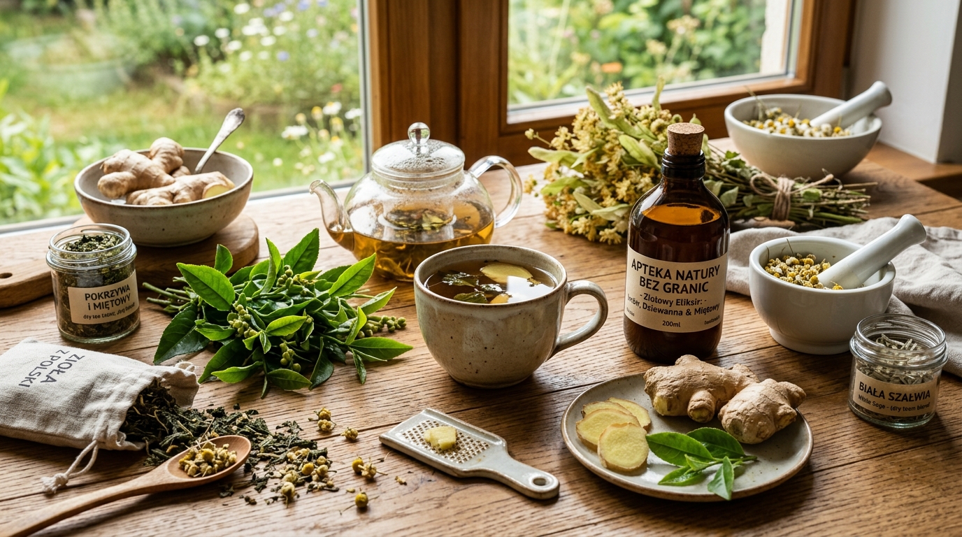 natural herbal teas and supplements on a wooden table with fresh ginger and green tea leaves representing Polish natural pharmacy