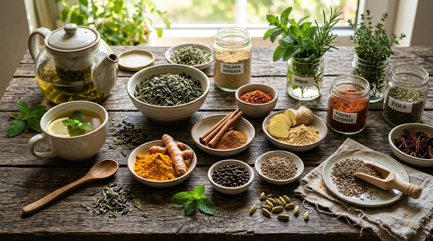 Naturalne zioła, zielona herbata i przyprawy wspomagające metabolizm na drewnianym stole