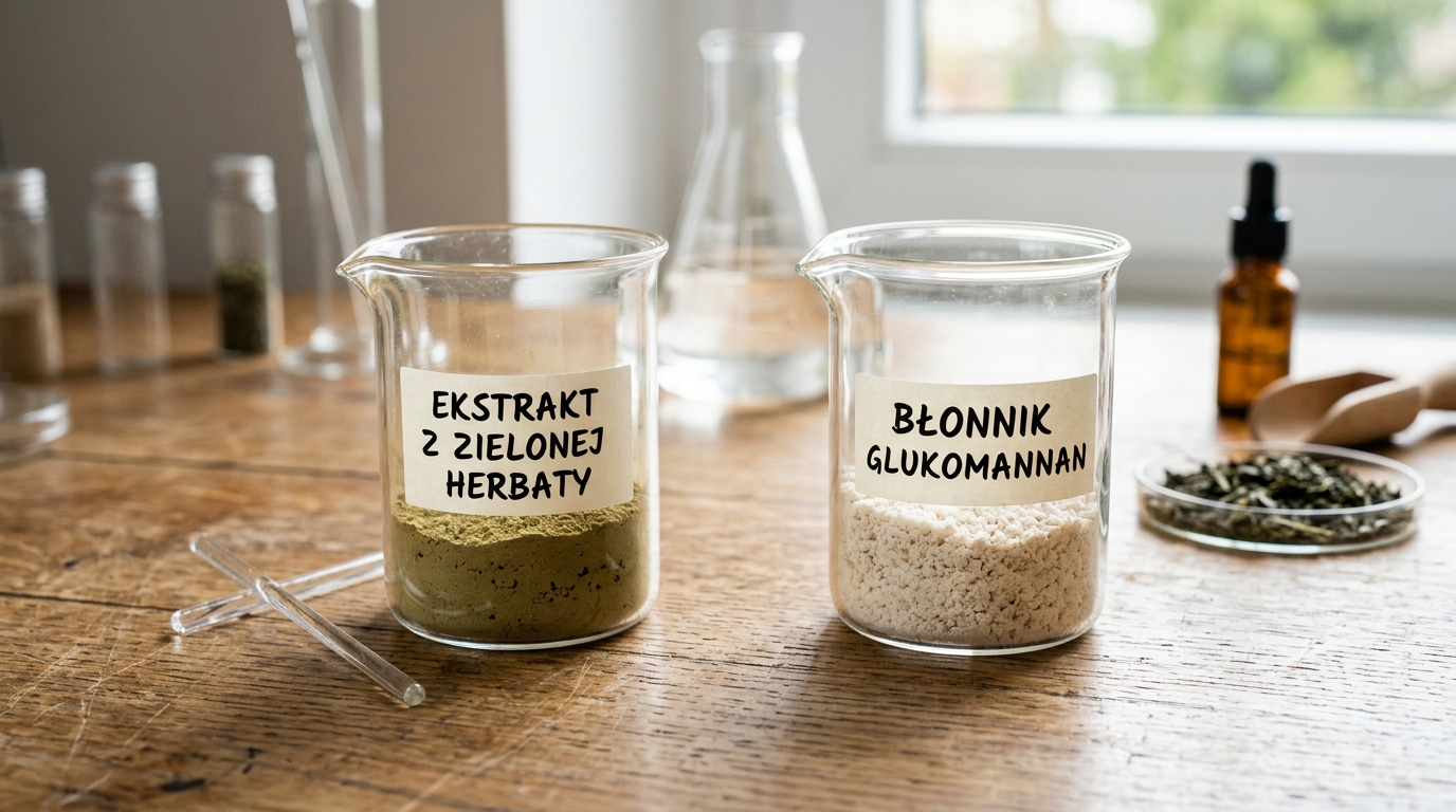 Ekstrakt z zielonej herbaty i naturalny błonnik glukomannan w szklanych naczyniach laboratoryjnych