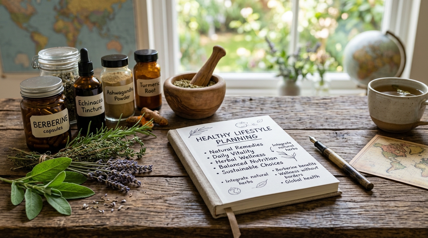 natural herbal extracts and berberine on a rustic table with a notepad representing healthy lifestyle planning