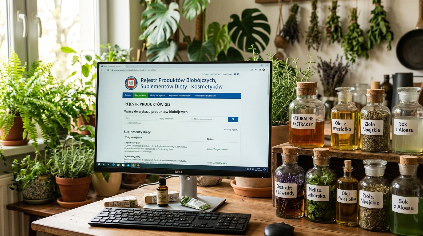 Ekran komputera wyświetlający stronę rejestru produktów Głównego Inspektoratu Sanitarnego (GIS), w tle zielone rośliny i słoiczki z naturalnymi ekstraktami