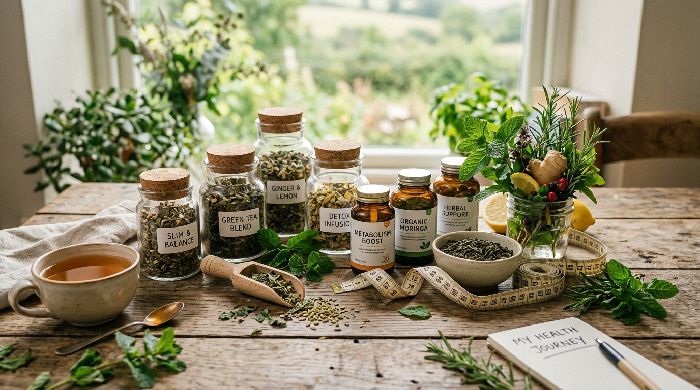 natural herbal teas and supplements on a wooden table with fresh plants and measuring tape representing healthy weight loss