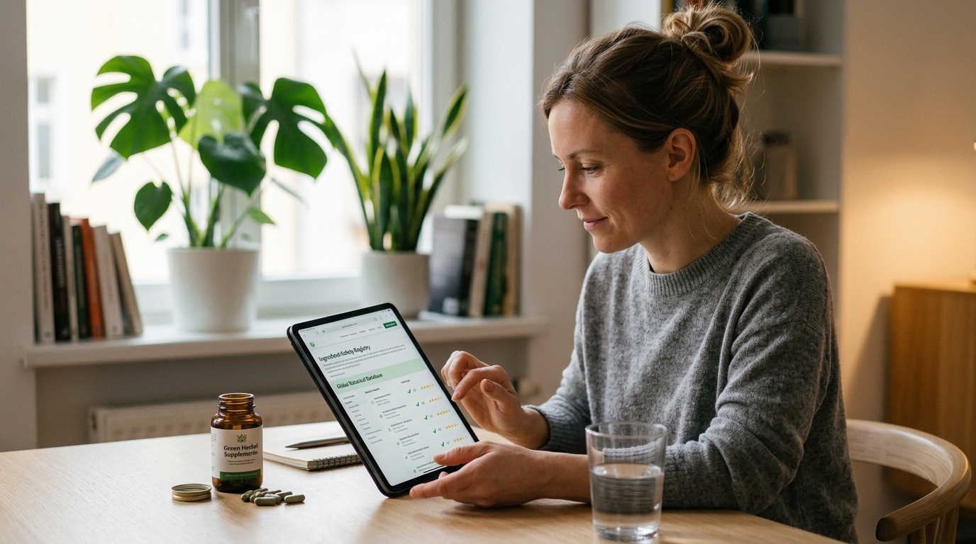 person checking a tablet or laptop next to green herbal supplements and a clean water glass, looking up safety in a registry
