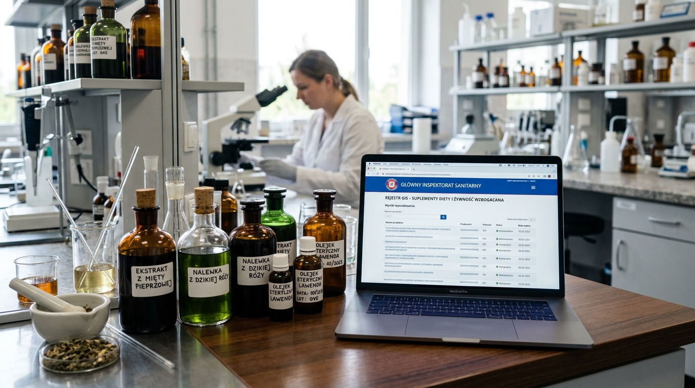 A scientific laboratory with high quality natural herbal extracts in glass bottles and a laptop displaying the official Polish GIS registry database