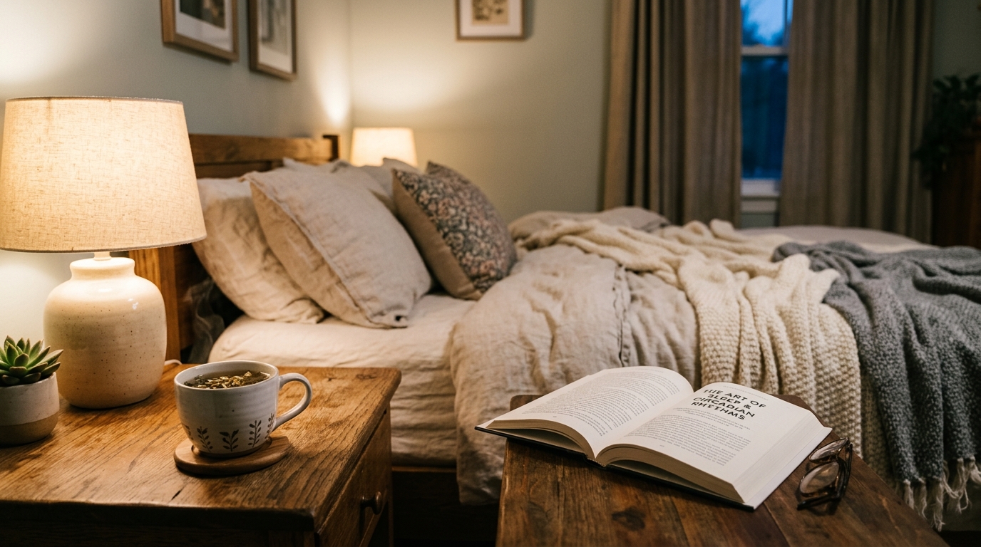 A cozy bedroom with warm soft lighting showing a cup of herbal tea next to a book on a wooden nightstand representing a healthy evening routine to support the circadian rhythm