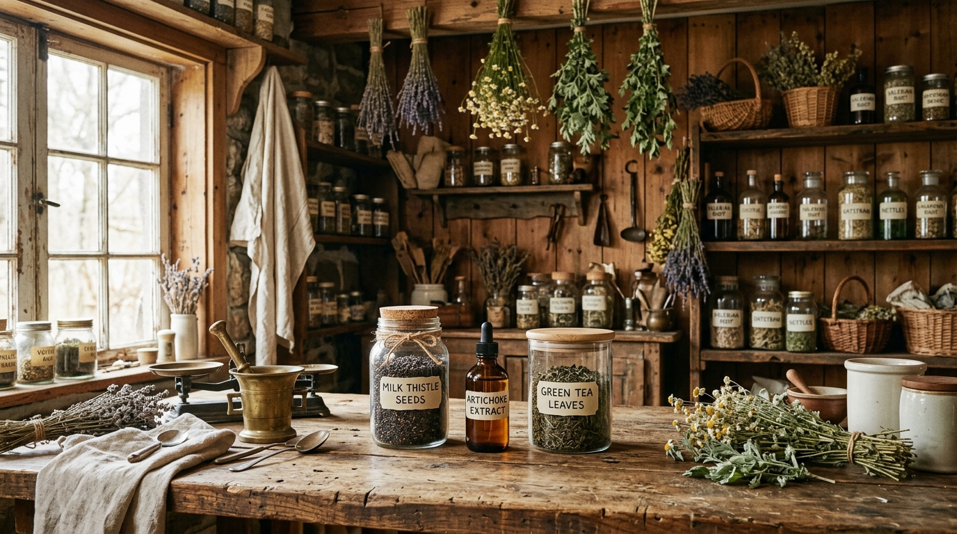 A cozy rustic herbalist workshop with jars of milk thistle seeds, artichoke extracts, and green tea leaves, soft natural lighting, warm wooden background