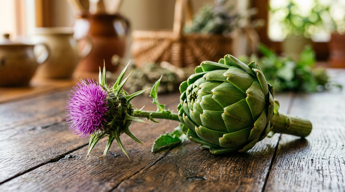 Close-up of purple milk thistle flower and fresh green artichoke on a wooden table, representing natural liver protection and regeneration