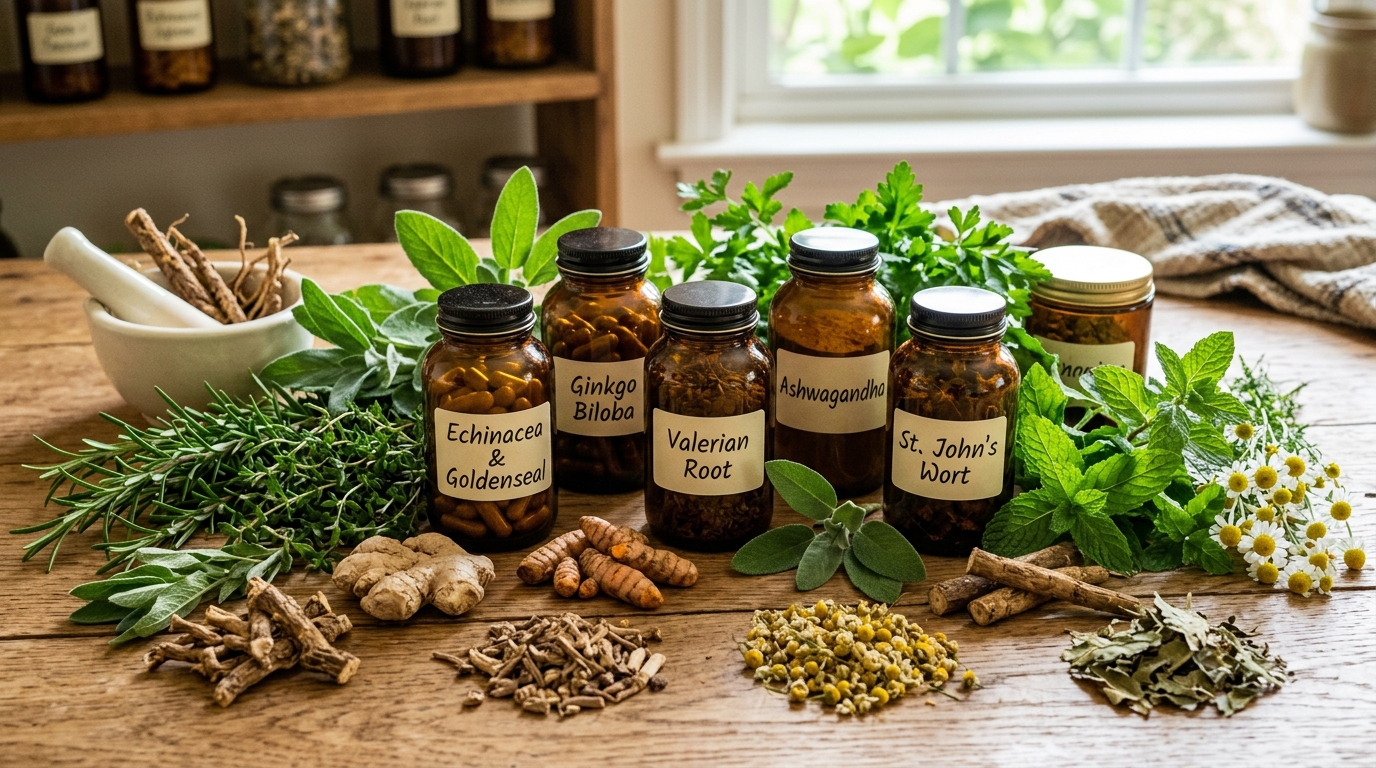 Natural herbal supplements in amber glass bottles surrounded by fresh green herbs and dry roots on a clean wooden table