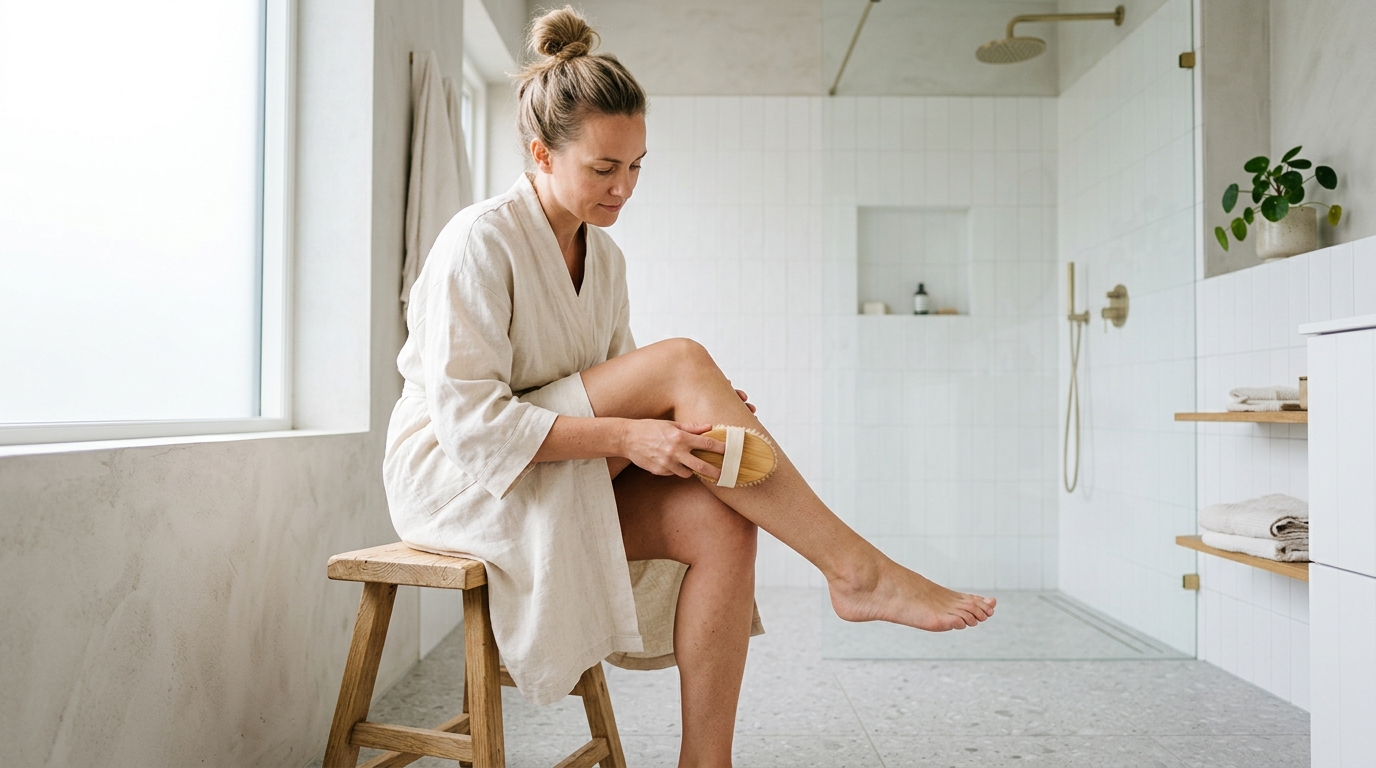 A person performing dry body brushing on their leg with a natural fiber brush in a bright, minimalist bathroom setting