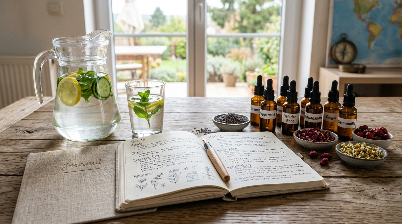 Natural herbal extracts alongside clean water and a notebook symbolizing healthy lifestyle planning