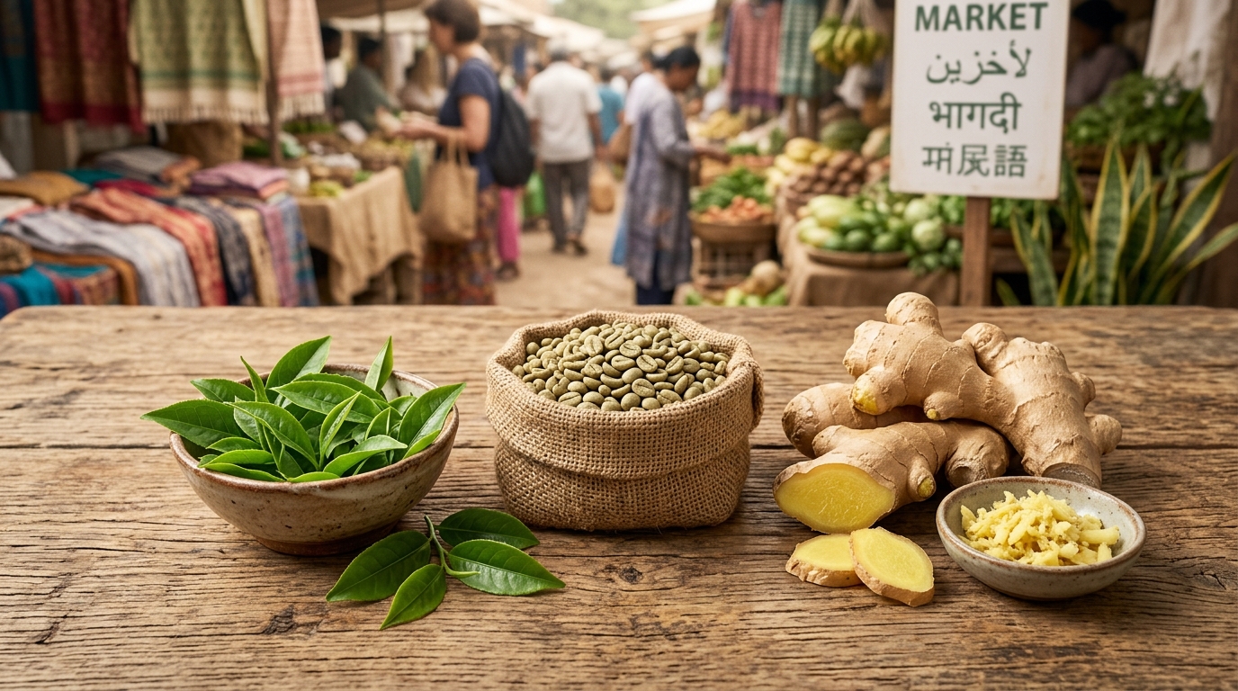 Green tea leaves, green coffee beans, and fresh ginger root on a wooden table, representing natural metabolism boosters