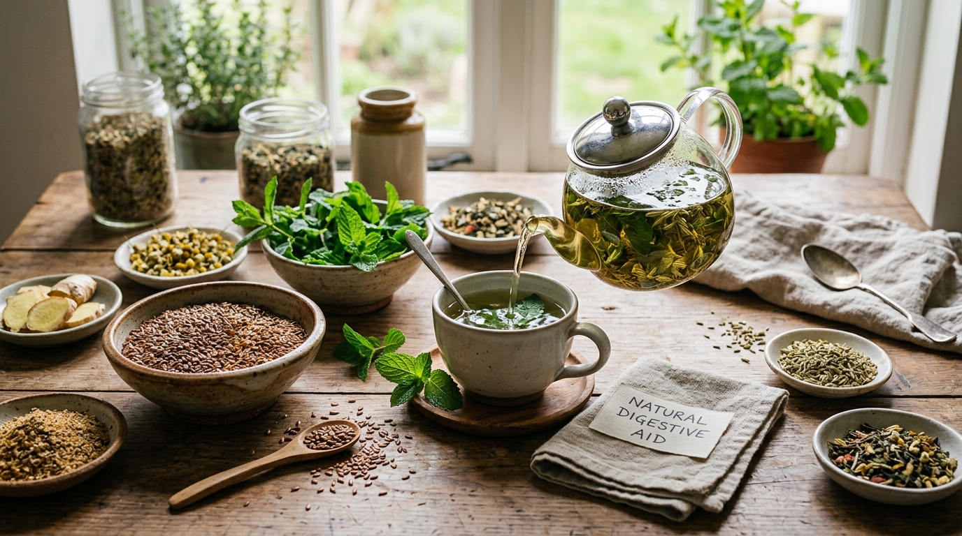 natural herbal teas and ingredients like flaxseed and mint on a wooden table, symbolizing healthy digestion