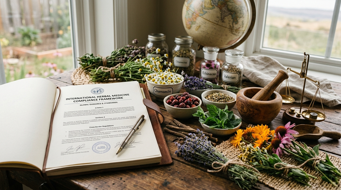Legal document and natural herbs on a desk represent compliance and herbal medicine guidance