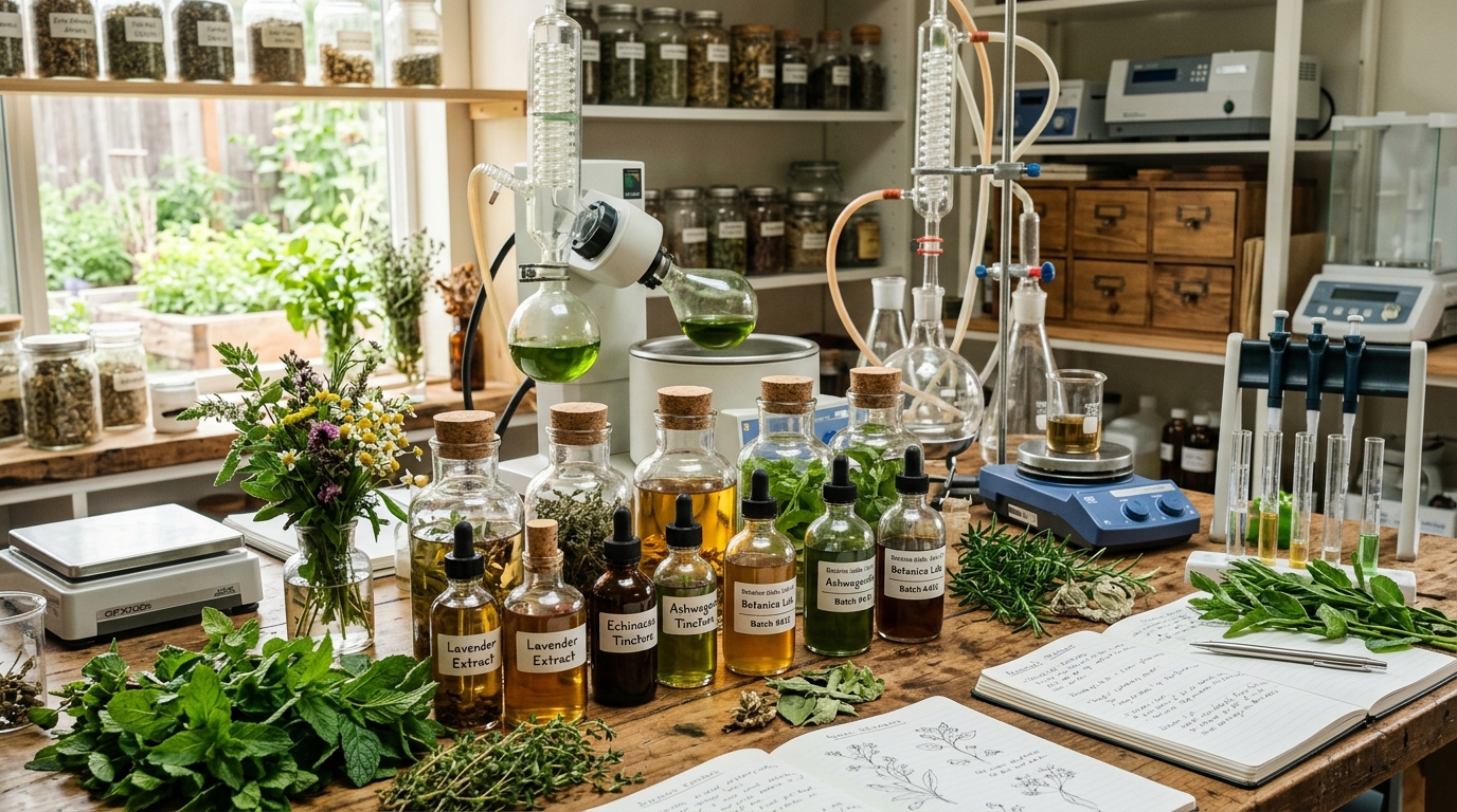 natural herbal pharmacy background with modern lab equipment, clean glass bottles with plant extracts and green leaves